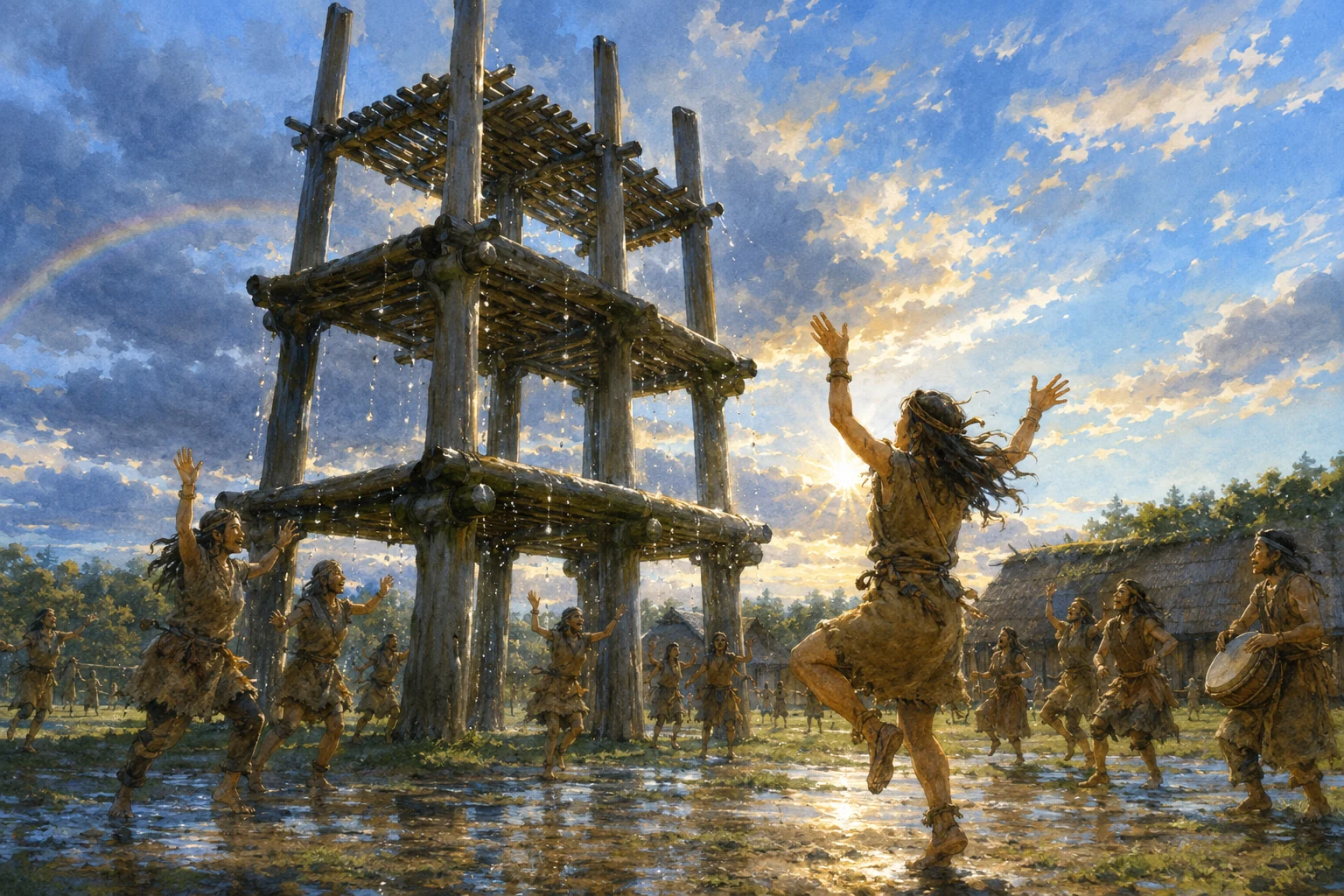 雨上がりの三内丸山遺跡の六本柱の周りで縄文人たちが踊るイラスト