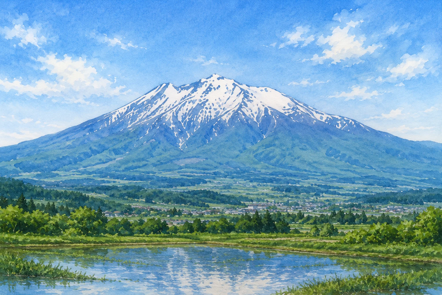 残雪の岩木山を描いた水彩風の風景イラスト