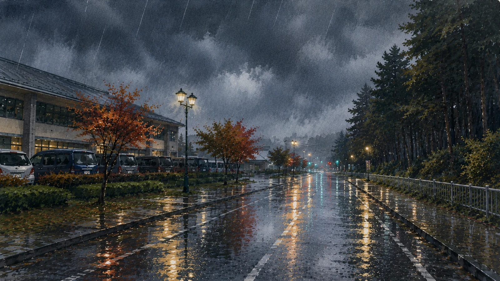 強い雨が降る八戸市南郷区の道路を描いた水彩風イラスト